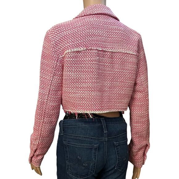 Zara Tweed Cropped Jacket Small Cutoff Frayed Coquette Pink White Preppy Button - Picture 4 of 7